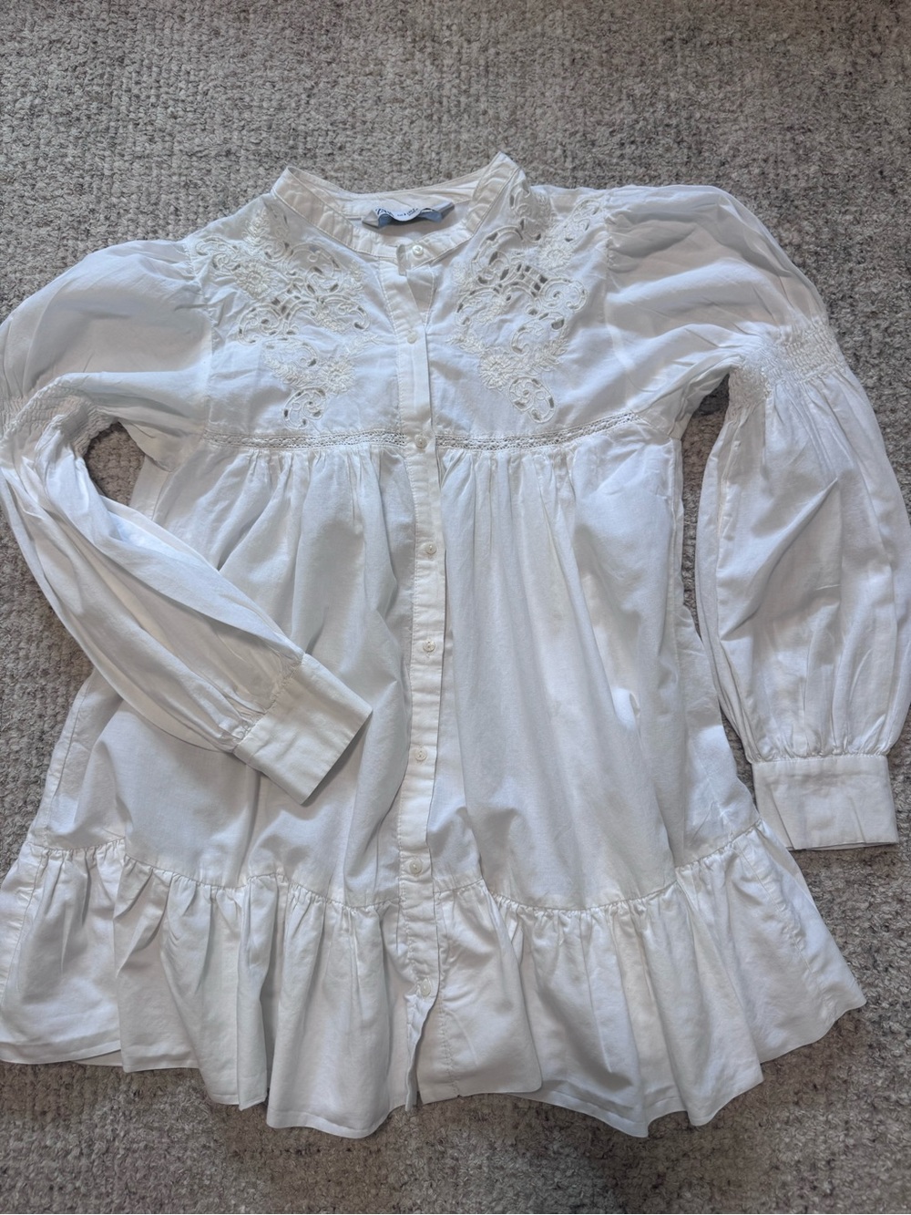 Zara White Embroidered Ruffled Button-Front Blouse